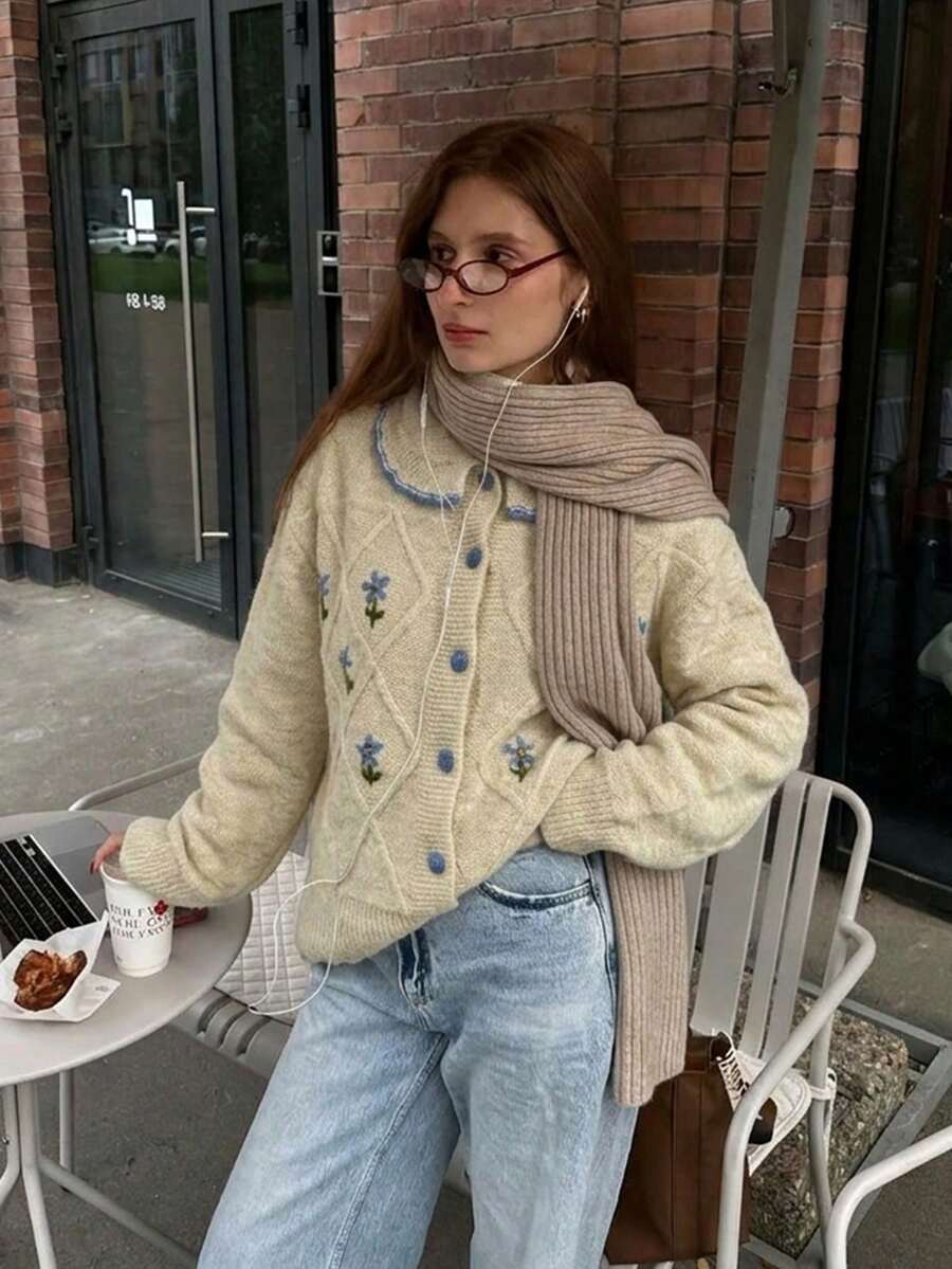 Floral Embroidered Peter Pan Collar Sweater Cardigan, Button Front, Soft Knit, Long Sleeves, Beige Vintage Fall Layer For Casual Everyday Wear - Apricot - View 1