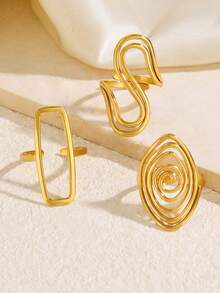 3pcs Stainless Steel Gold Fashion Personalized Minimalist Elegant Geometric Oval Line Ring Set Suitable For Women Daily Holiday Wear - Multicolor - View 5