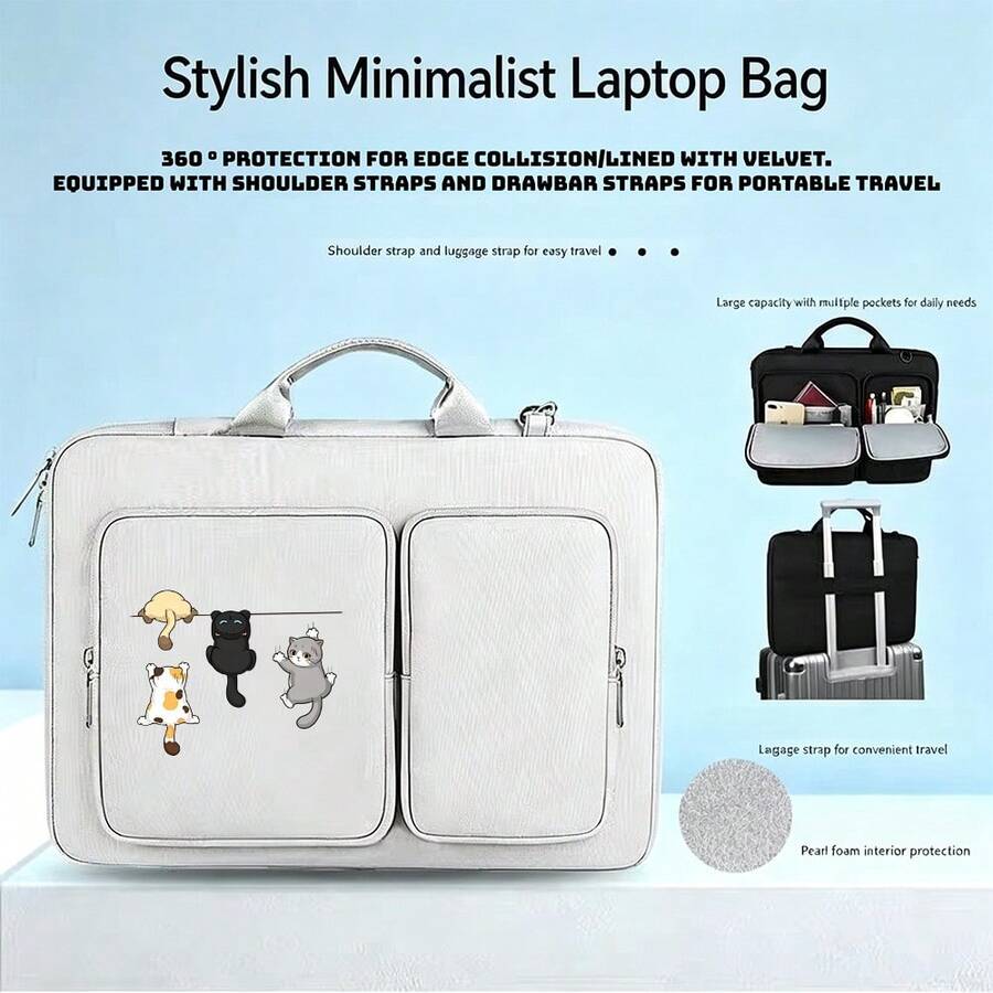 1pc Laptop Bag With 4 Climbing Cats Print, Handheld & Shoulder Bag, Adjustable & Detachable Strap, Comfortable & Simple, 2 Independent Front Pockets For Phone, Keys, Cards, Mouse And Other Small Items, Unisex, All Seasons, Suitable For Campus, Work, Commute And Office - Laptop Bag - View 1