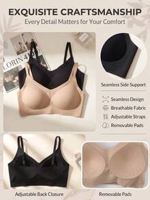 Ropa interior de mujer, brasier sin varilla de tirantes regulables, escote en V, tejido liso sin costuras, soporte cómodo, almohadillas ergonómicas para uso diario - Multicolor - Ver 7