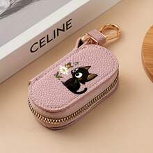Dompet Kunci Wanita Kulit Bertekstur Leci, Tas Kunci Mini Portabel dengan Resleting Motif Kucing Lucu - MultiWarna - View 14