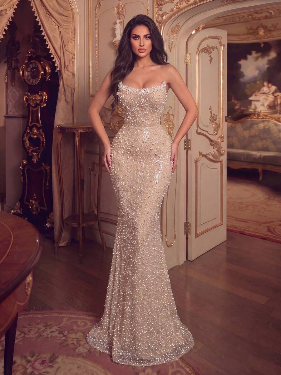 Elegant Strapless Sequin Mermaid Gown With Fitted Silhouette And Flared Fishtail Hem For Photo Shoot Beach Vacation Evening Gala And Formal Banquet - Champagne - View 1