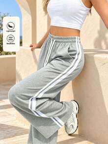 Women's Grey Sports Pants, Wide Leg Pants, Loose Pants, Lightweight Autumn Pants, Double Side Stripes, Drawstring Waist, Side Pockets - Light Grey - View 6