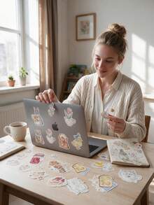 POKOJA LAND 50/100pcs Watercolor Warm Morning PET Stickers, Transparent Warm Color Breakfast Floral Animal Stickers, Rabbit Bear Duck Cat Bread Jam Flower Window Decal Set, Suitable For Planner, Phone Case, Laptop, Scrapbook Aesthetic Decoration - Multicolor - View 1