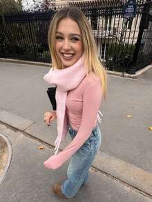 1件女款休閒秋冬粉色純色百搭優雅厚流蘇保暖圍巾，適合寒冷天氣與購物穿搭 - 粉色 - 查看 2