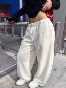 Celana Panjang Wanita Warna Polos Musim Gugur/Dingin, Nyaman, Lembut, Berbahan Fleece, Kaki Lebar, Serat Poliester Panjang, Sedikit Elastis, Celana Kasual, Nyaman Dipakai - Aprikot - View 2