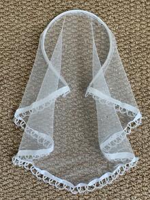1pc Fashionable Sequin Light Ivory Veil Headband, Crystal Bead Trim Solid Color Tulle Short Bridal Hair Accessory, Party Hair Accessory - Light Ivory - View 10