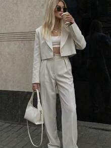 Fashionable Women's Short Blazer & High-Waist Long Pants Set, Autumn/Winter Popular Lapel Button Detail Outfit - Light Grey - View 2