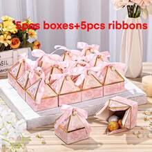 10pcs(5pcs Bags+5pcs Ribbons) Pyramid Wedding Candy Boxes, Pink Marble Texture Candy Gift Boxes With Ribbon And Pearl Decoration, Paper Dessert Packaging Boxes, Bride Shower Party Storage Boxes, Can Hold Chocolates, Cookies, Jewelry, Wedding Guest Thank You Gift Packaging, Engagement Birthday Party Decoration, Foldable Flat Empty Gift Boxes, Wedding Souvenir DIY Gift Boxes - Pink - View 1
