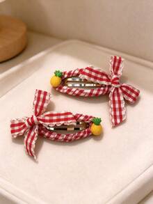 2pcs Women's Plaid Bow Fruit Decor Hair Clips, Handmade Sweet Style Side Bangs Hair Clips, Set Of 2, Suitable For Changing Hairstyles - Multicolor - View 9