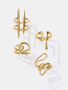 Kryxie 4pcs/Set Stainless Steel Minimalist 18K Gold Plated Geometric Line Design Open Rings, Suitable For Daily Wear For Women - Yellow Gold - View 1