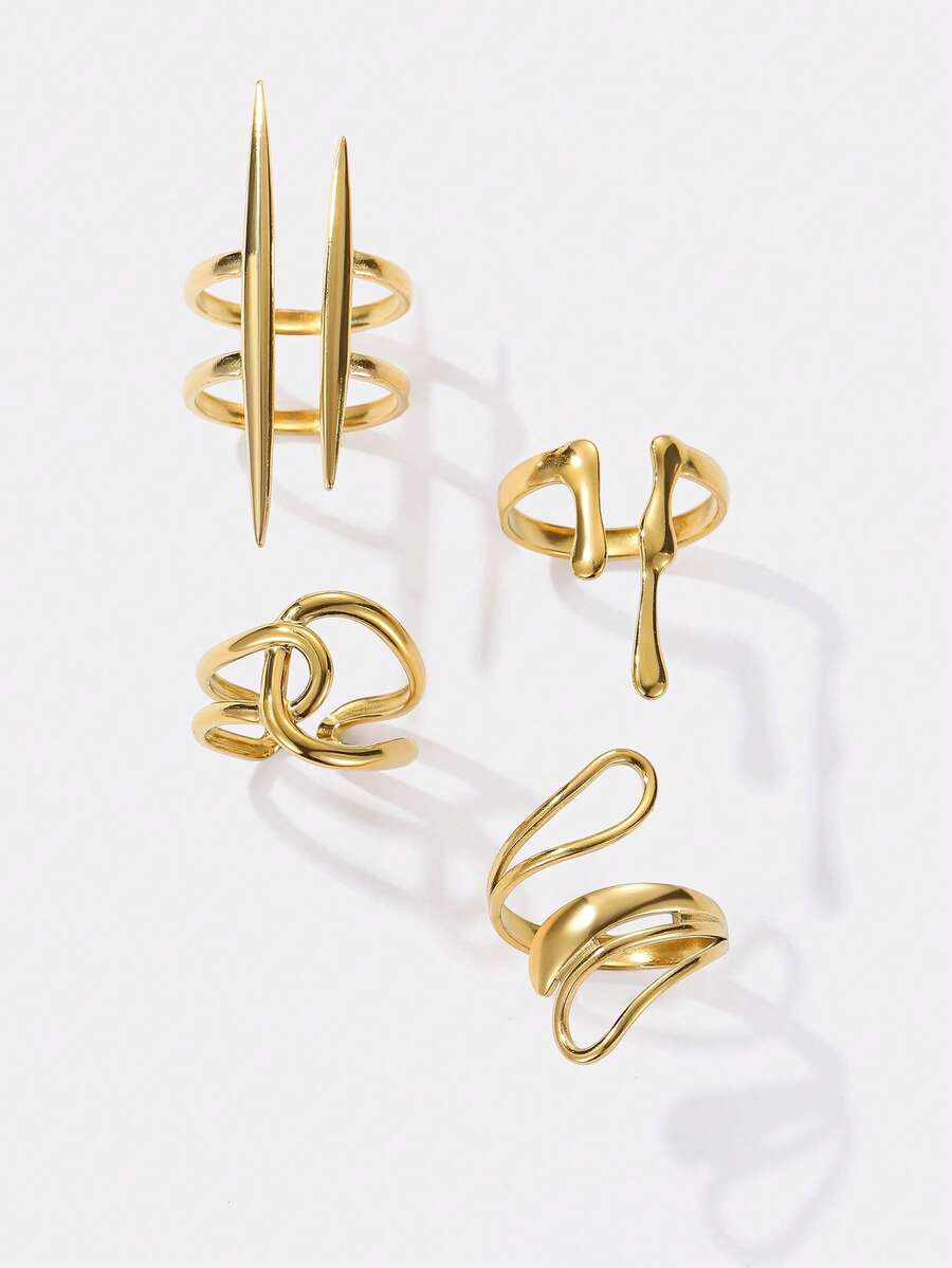Kryxie 4pcs/Set Stainless Steel Minimalist 18K Gold Plated Geometric Line Design Open Rings, Suitable For Daily Wear For Women - Yellow Gold - View 1