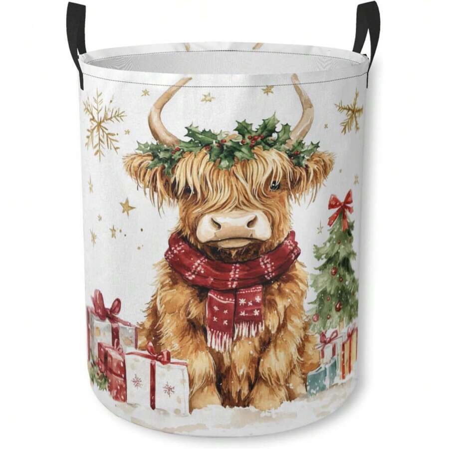 1pc Christmas Highland Cow Laundry Basket, Xmas Gift Tree Snowflake Printed Storage Basket, Foldable Fabric Hamper With Handles, Holiday Home Decor - Multicolor - View 1
