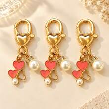 1pc/3pcs/7pcs Women's Alloy Oil-Drip Korean Style Heart-Shaped Faux Pearl Inlaid Pendant Keychain, Faux Pearl Inlaid Accessory, INS Minimalist Bag Charm, Wallet & Earphone Accessory - Multicolor - View 7