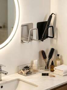 1pc No-Drill Wall-Mounted Curling Iron & Straightener Holder | Metal Bathroom Storage Rack, Suitable For Hair Styling Tools, Cosmetics And Glasses | Strong Adhesive Under Sink Storage | Perfect Halloween And Christmas Gift - Multicolor - View 2