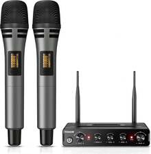 TONOR Micrófono Inalámbrico Dual Sistema de Micrófono Inalámbrico de Mano Profesional UHF, Set KTV Hogar para Karaoke, DJ, Fiesta, 60 Metros, TW820, Plateado - Gris & Gris - Ver 2