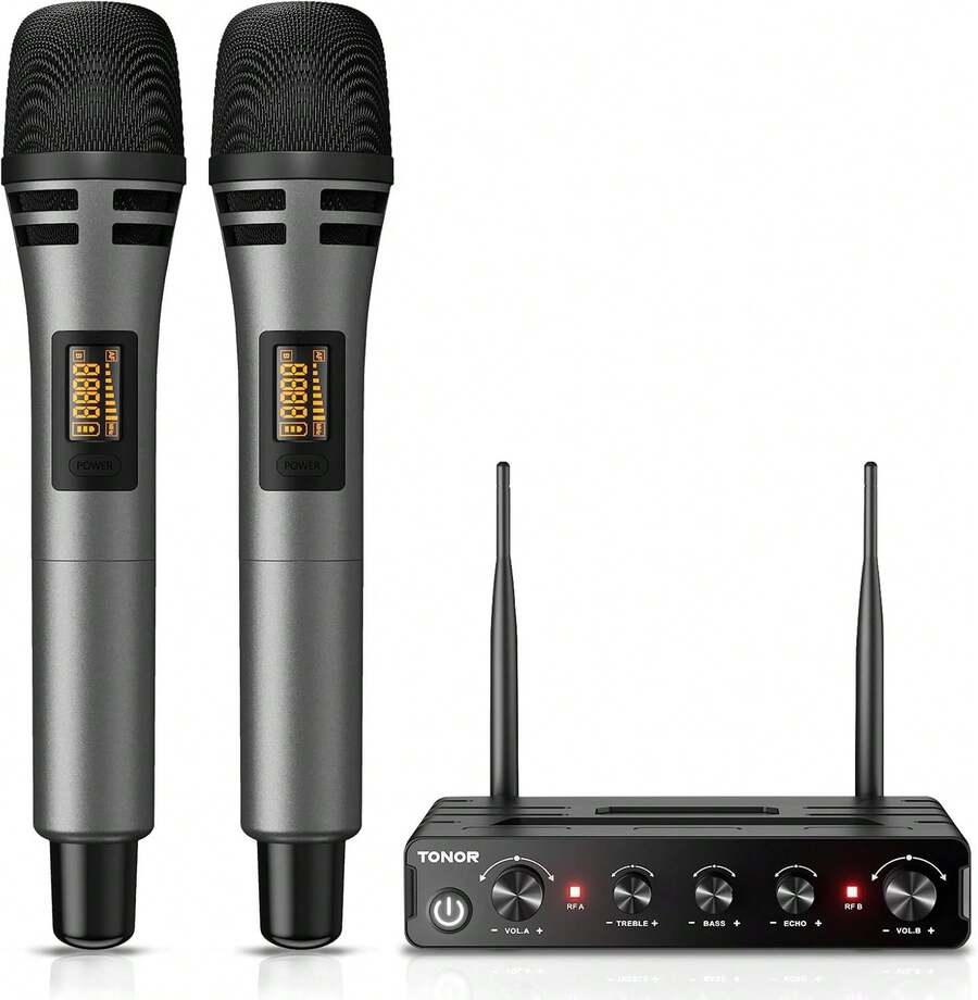 TONOR Micrófono Inalámbrico Dual Sistema de Micrófono Inalámbrico de Mano Profesional UHF, Set KTV Hogar para Karaoke, DJ, Fiesta, 60 Metros, TW820, Plateado