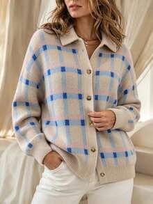 Plus Size Casual Plaid Colorblock Turn-Down Collar Button-Up Versatile Cardigan Sweater Jacket - Khaki - View 4