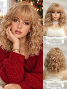 14 Inch Multicolor Short Curly Bangs Synthetic Wig, Natural & Fashionable, Suitable For Women's Daily, Party, Christmas And Other Occasions, Halloween - Gold - View 2