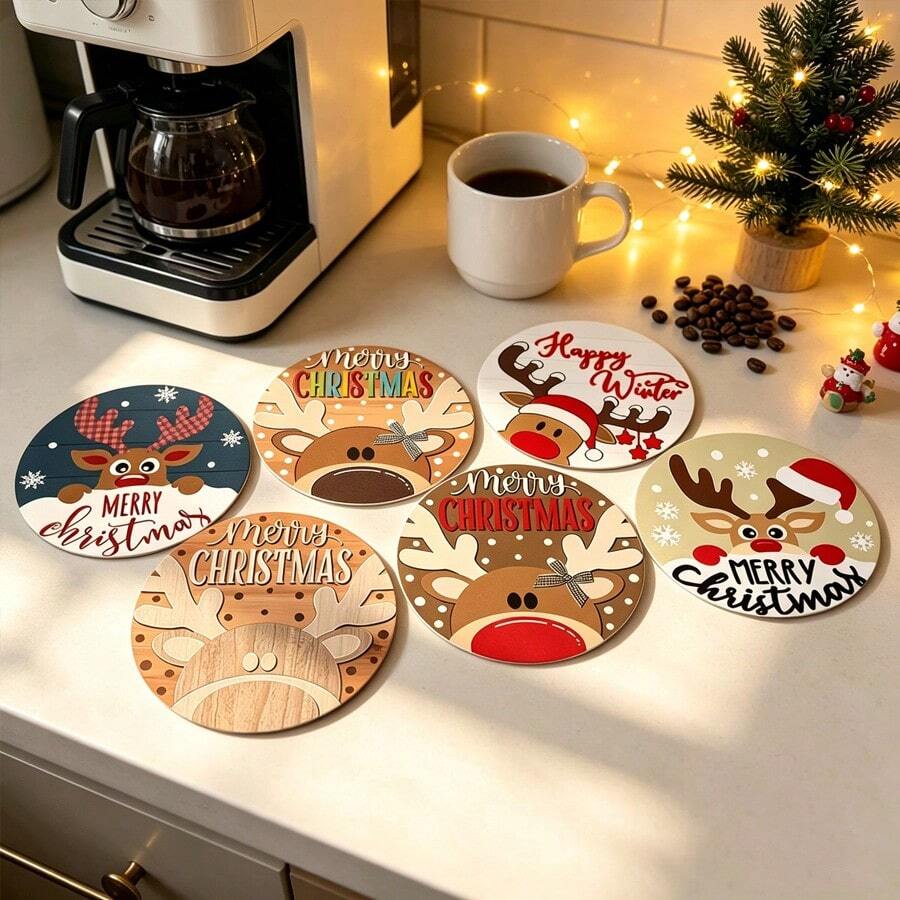 6/420pcs, Coasters, Christmas Reindeer Print Coasters, Polyester Fiber Non-Slip Coasters, Suitable For Holiday Table Setting, Coffee Bar, Office, Study, With Soft Rubber Non-Slip Backing Design, Party Table Coasters, Holiday Decoration Supplies, Home Small Gifts - XYBD37 - View 1