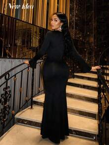 NEW IDEA Women Elegant Black Fall Winter Maxi Dress, Lace Cutout Ruched Mermaid Night Dinner - Black - View 3