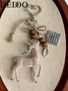 Dedoo Deer Keychain Charm, Plush Wooden Beads, Heart Metal Ring Leaf Charm Rope, Key Holder, Cute Fresh, Birthday Gift Women Charm - Khaki - View 1