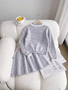 Tween Girls Preppy Style Argyle Print Contrast Color Peter Pan Collar Button-Front Knit Cardigan & A-Line Knit Mini Skirt 2 Pieces, Soft Long Sleeve Knit Wear For Back To School Autumn Casual Wear - Grey - View 2