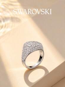 Swarovski Meteora Ring, Dome-Shaped Fully Pave Crystal Rhodium-Plated Silver Signet Ring, Women's Luxury Jewelry, Birthday Holiday Gift - Silver - View 5