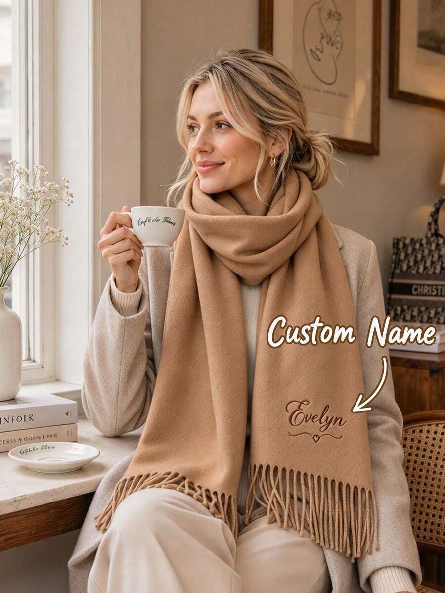 Personalized Embroidered Scarf, Women's Customized Name Scarf, Large Winter Scarf, Personalized Shawl, Gift For Her/Mom - Multicolor - View 1