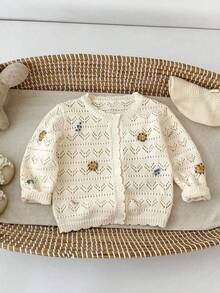 Baby Girls Spring/Autumn New Clothing, Floral Embroidered Pure Cotton Sweater, Girls Versatile Knit Cardigan, Hollow Long Sleeve Jacket - Apricot - View 5