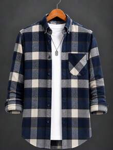 Men's Plaid Long Sleeve Shirt - Casual Button-Down Plaid Shirt With Collar - Royal Blue - View 3