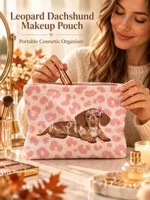 New Pink Leopard Print Dachshund Pattern Makeup Bag | French Print Travel Organizer Bag | Travel Essential | Poolside Must-Have | Toiletry Bag | Pool Storage Bag | Mother's Day Gift | Teacher's Day Gift | Suitable For Moms, Teachers, Friends And Nurses | Home Essential | Graduation Gift | Easy To Clean Design | Portable Makeup Bag - Multicolor - View 4