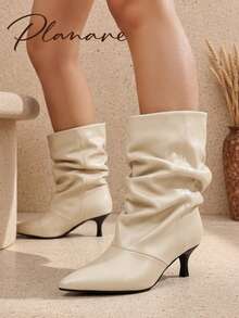 planare New Women's Fashion Personalized Ruched Mid-Calf Beige Boots, Slip-On Pointed Toe Kitten Heel Street Casual Slouchy Boots, Slimming - Beige - View 6