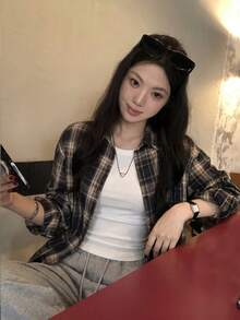 Korean Style Versatile Retro Plaid Long Sleeve Shirt - Grey - View 4