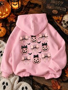 Infant Girls Halloween Pattern Hooded Sweatshirt, Cute Pumpkin Bow Spider Web Bat Print Long Sleeve Pullover Sweatshirt, Suitable For Autumn Daily Wear - Pink - View 11