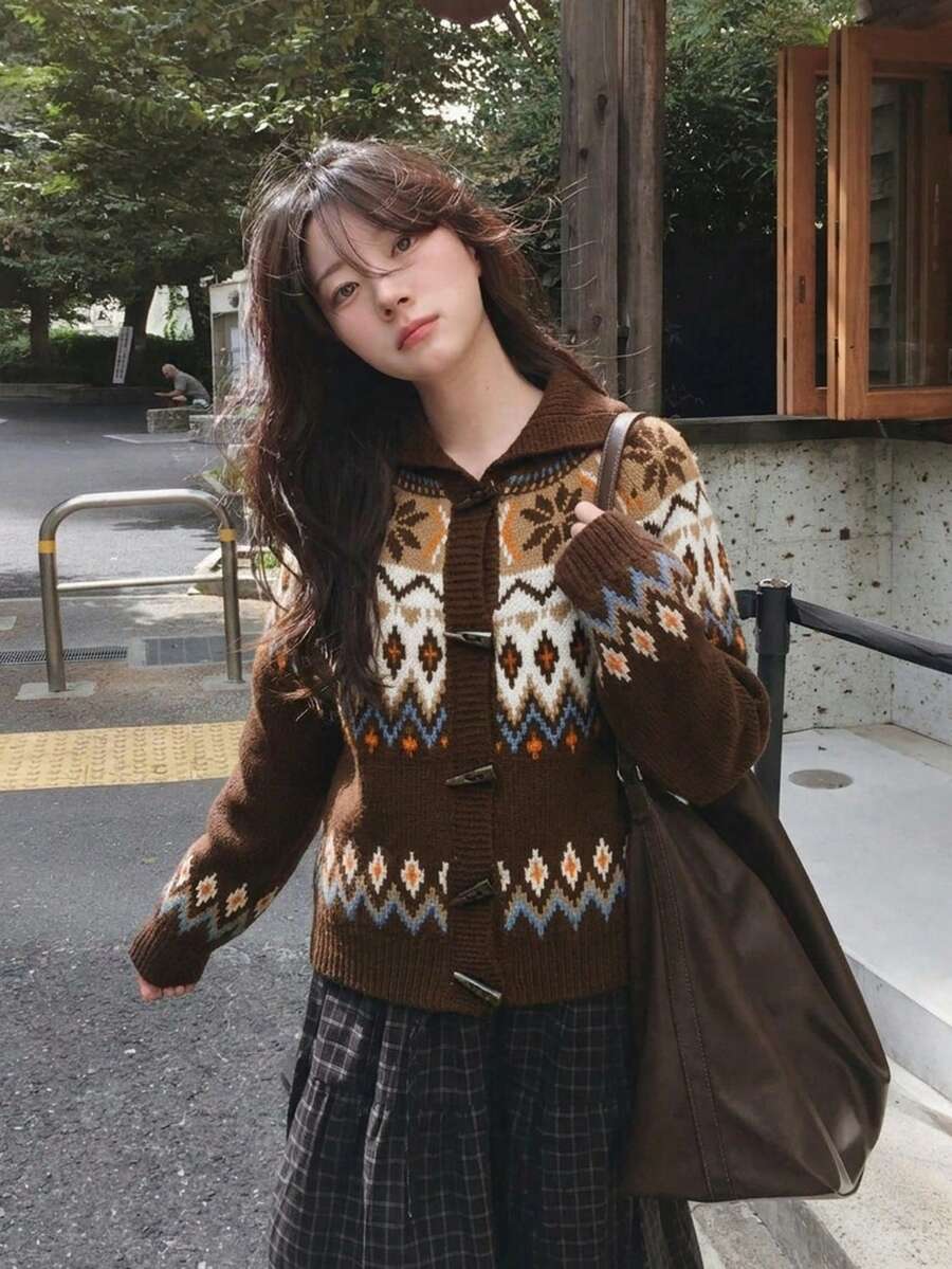 Cardigan Sweater Kancing Depan Motif Fair Isle, Leher V, Lengan Panjang, Rajutan Cokelat, Potongan Pendek, Lapisan Musim Gugur/Dingin Vintage dengan Pesona Nordik - MultiWarna - View 1