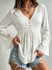 Rusttydustty Women's Bohemian Lace Patchwork Flare Sleeve Waist Tie White Top, Suitable For Autumn, Halloween - White - View 9