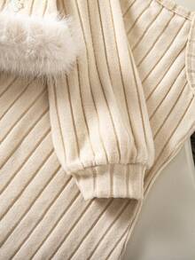 2pcs/Set Girls Autumn/Winter Fashion Elegant Knit Ribbed Patchwork Ribbed Pearl Decor Inner Layer Knee-Length Spaghetti Strap Dress - Apricot - View 5