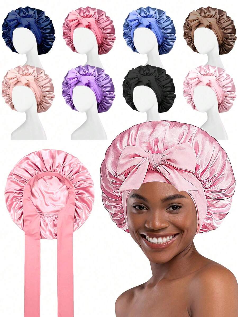 1pc Satin Bow Sleep Cap, Soft Hair Bonnet, Suitable For Curly, Braided And Natural Hair, Multiple Colors, Essential For Hair Car ,Travel And Gift