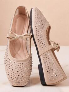 Rhinestone Circle Buckle Hollow Mesh Round Toe Shallow Flats Black Slip-On Luxury Gentle Commute Pumps For Women - Apricot - View 2