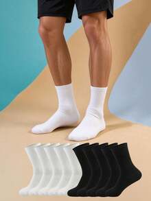 1/6/10/20 Pairs Non-Compression Mid-Calf Socks, Solid Black & White Combination, Neutral Color, All-Season Versatile Men's Sports & Casual Socks - Multicolor - View 2