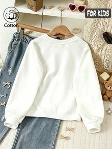 Cotton Girls' Crew Neck Sweatshirt, Loose Fit For Autumn And Winter, Cute Sweet Girl's Preppy Style - White - View 6