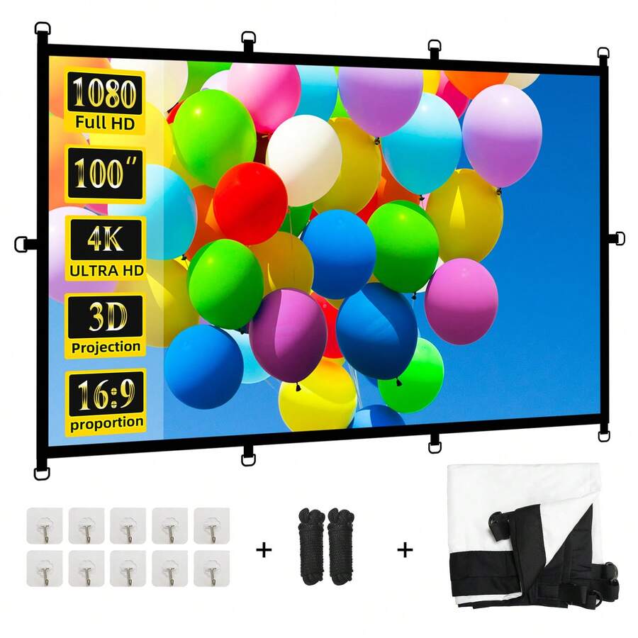 WEIJIEMING Projector Screen With Built-In Hooks, 84/100/120/150 Inch, 16:9 Aspect Ratio, Foldable And Portable, Wrinkle-Resistant, Indoor/Outdoor Use, Double-Sided Projection Screen, Suitable For Home, Party, Office, Classroom And More, Back To School Essential - View 1