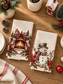 2pcs Christmas Vintage Cozy Fireplace Christmas Flower Snowman Pattern Kitchen Towels, Soft Polyester Material Dish Cloths, Suitable For Kitchen Decor, Kitchen Cleaning, Holiday Party Decoration, Kitchen Bathroom Supplies Home Essentials, Home Decor, Housewarming Gift - Multicolor - View 6