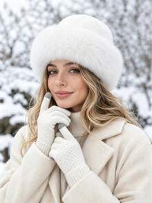 2pcs Set Autumn/Winter Faux Fur Plush Bucket Hat & Touchscreen Knit Gloves, Vintage Warm Bucket Hat & Cold-Proof Gloves Set - Multicolor - View 2