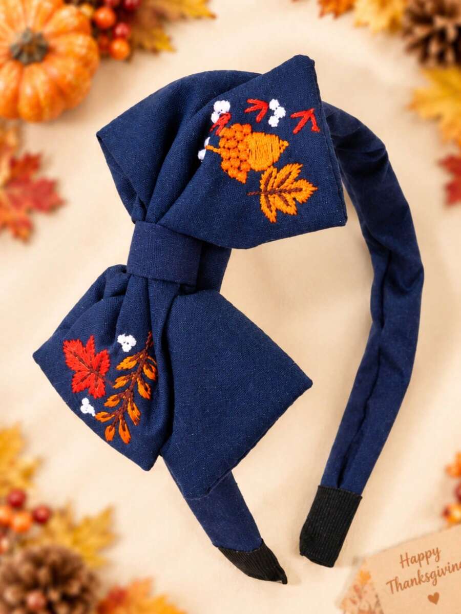 1件感恩節海軍藍橡子與楓葉刺繡蝴蝶結髮箍，可愛女孩髮飾，適合派對與日常配戴 - 藏蓝色 - 查看 1