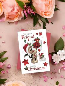 1pc Thickened Sweet Christmas Greeting Card For Close Friend, Toy Dog Holding Red Bow Gift With Snowman With Envelope - A - View 4