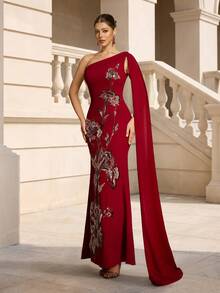 VIPGIRL Red One-Shoulder Fishbone Evening Gown With Side Bow, Intricate Floral Sequin Waist-Defining Mermaid Formal Maxi Dress - Red - View 4
