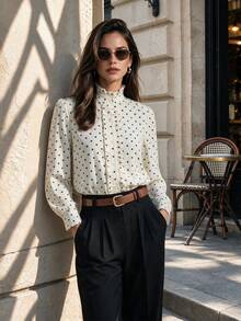 Fall Polka Dot Ruffle Stand Collar Blouse, Vintage French Puff Long Sleeve Shirt, Elegant Commuter Top For Halloween - Multicolor - View 8
