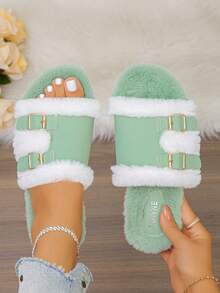 Women's Thermal Lined Fuzzy Slippers, Double Metal Buckle Open Toe Flat Slide, Plush Footbed, Warm Indoor/Outdoor Dual Use, Non-Slip Sole, Autumn/Winter - Premium Light Green and White Faux Fur - View 2